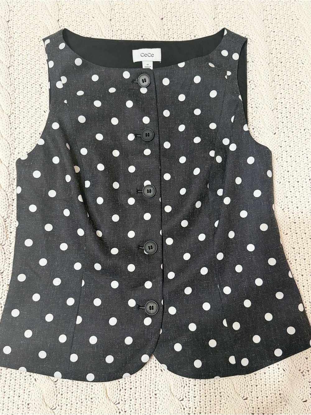 CeCe XS Black & White Polka Dot Button Front Vest Top